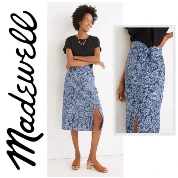 Madewell Blue and White Floral Paisley Midi Skirt sz 12 - Picture 10 of 10